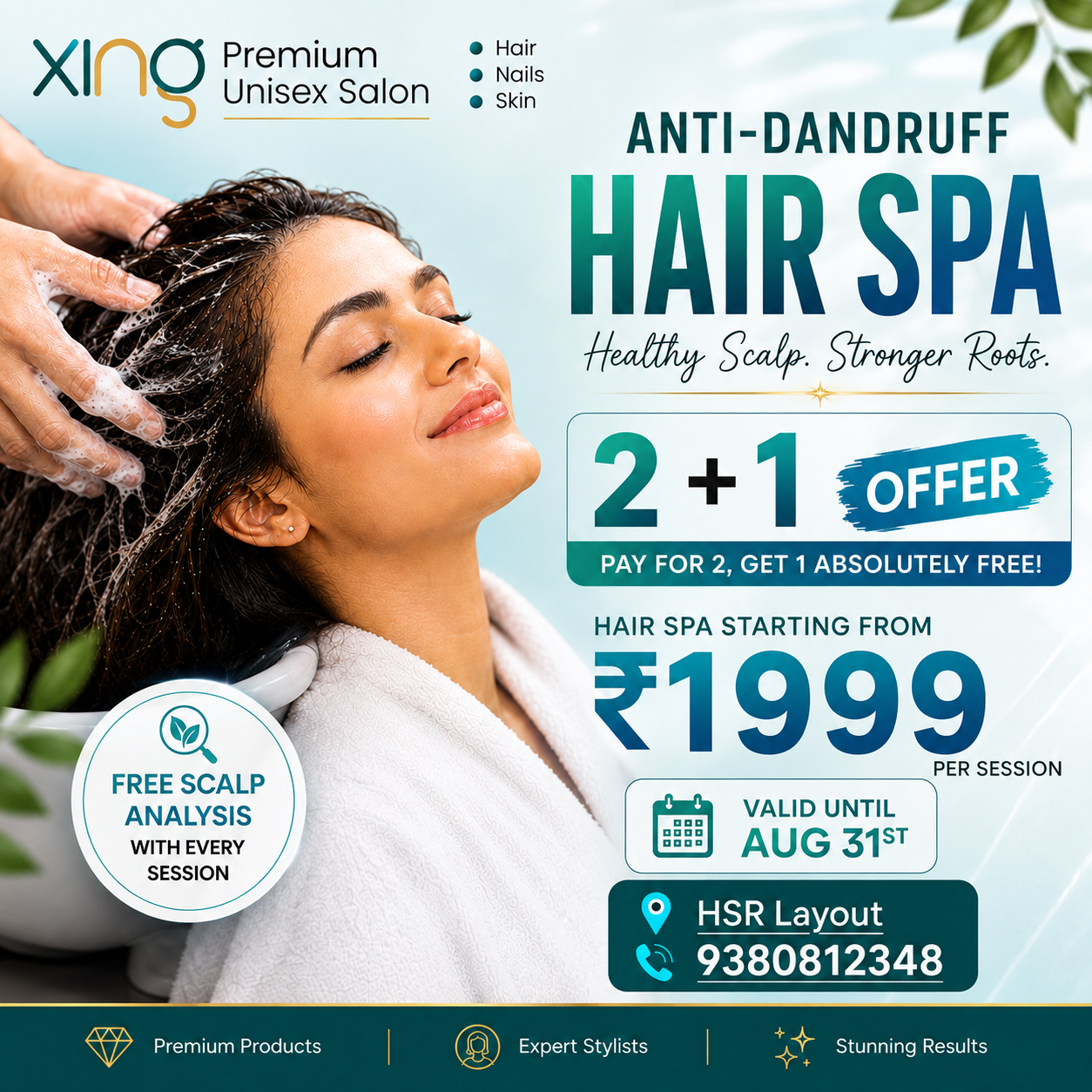 Anti-Dandruff Hair Spa offer, 2+1, starting from ₹1999 per session, at Xing Salon HSR Layout